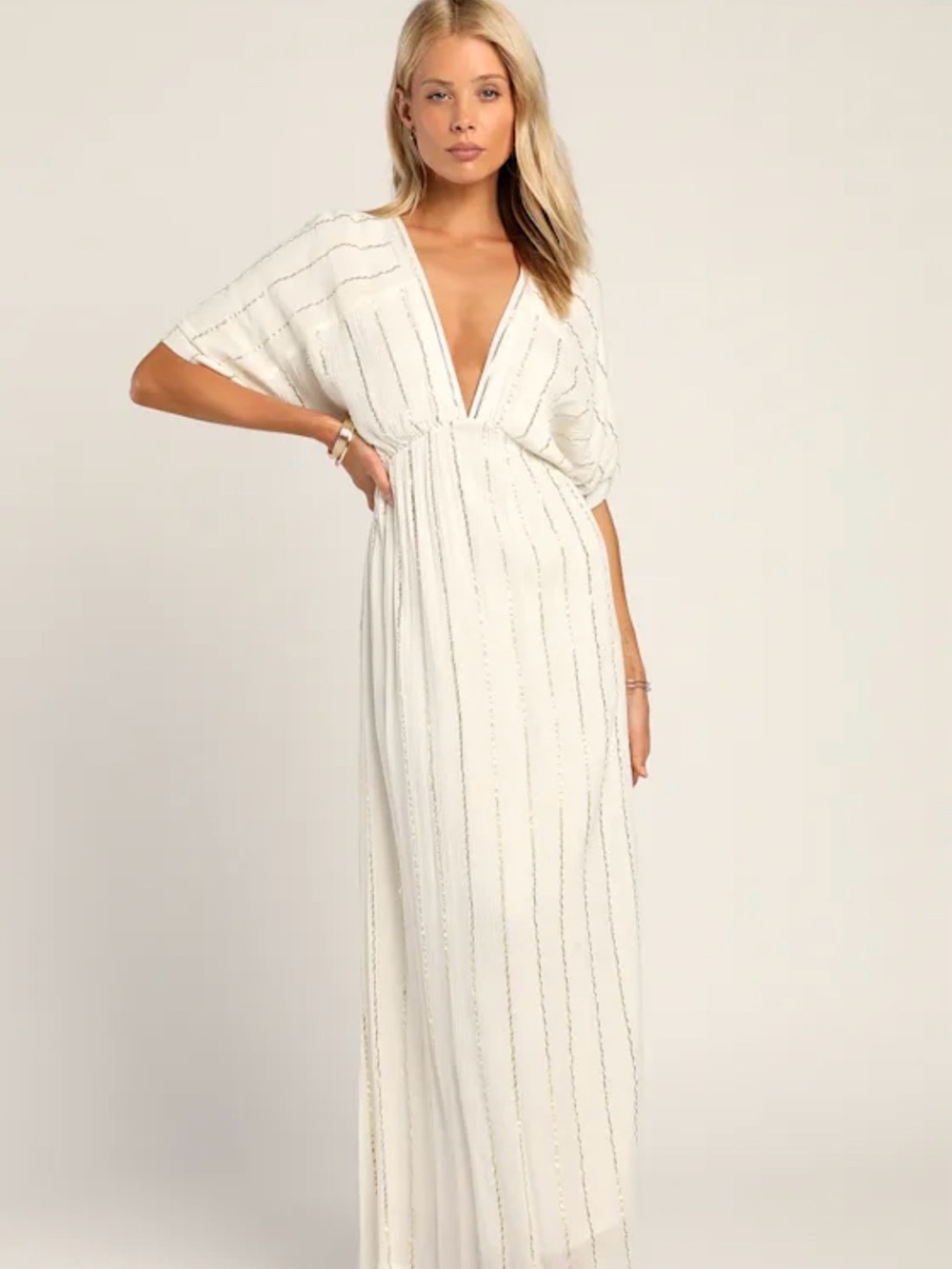 Lulus Goddess Vibes Ivory Gold Striped Dolman Sleeve Maxi Dress - Picture 1 of 6